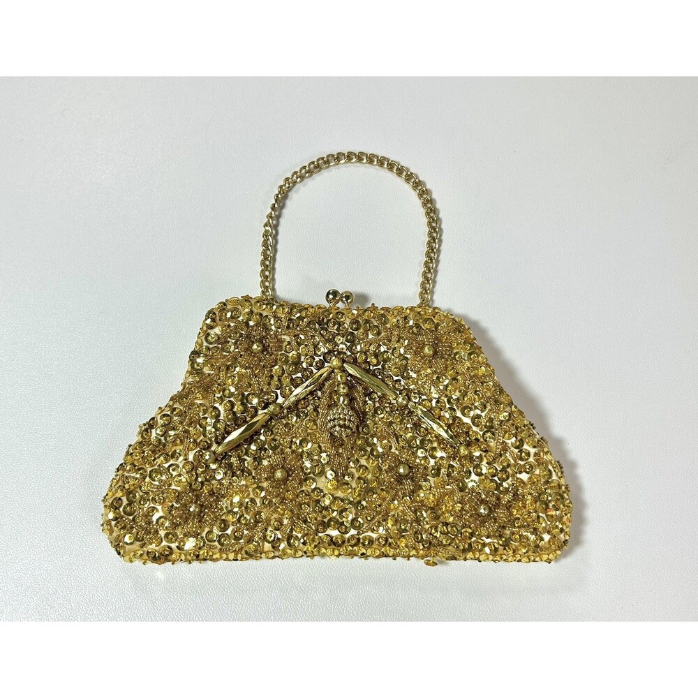 Mid Century Beaded Sequined Kiss Lock Evening Clutch Bag Gold Tone Chain Handle